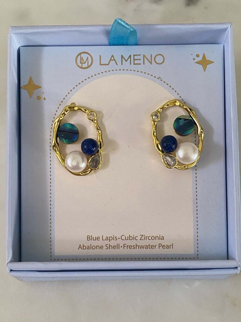 La Meno Irregular Gold Stud Earrings Blue Lapis Abalone Pearl